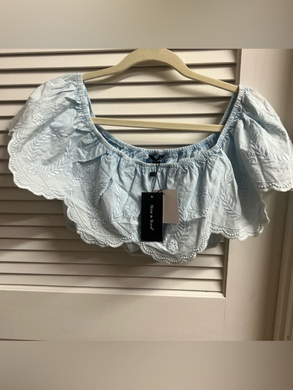 Sky Blue Embroidered Off-Shoulder by Sim & Sam size Medium cropped blouse